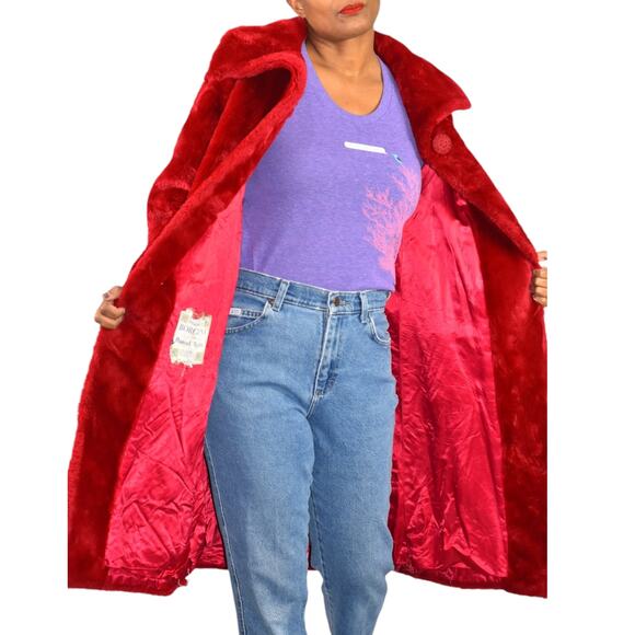 Vintage Borgana Russel Taylor Faux Fur Coat Bright Red Pile Soft Teddy 60s Small - Picture 9 of 16